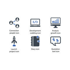 Connection people, Development codding, Analysis growth, Launch project, Diary, Quotation text, icon