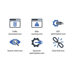 Traffic Generated, Web warning, SEO optimization, Search vision, Keyword optimization, Chain link, icon