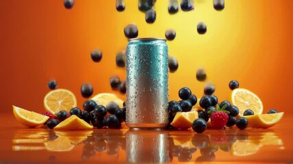 Refreshing summer drink presentation with soda can, fruits and vibrant backdrop
