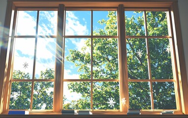 Fototapeta premium Sunlight Streams Through Window, Illuminating Trees and Snowflake Decorations, Books Below