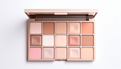 Palette of Elegance: A close-up view showcases an open makeup palette filled with an array of exquisite shades, arranged artfully.