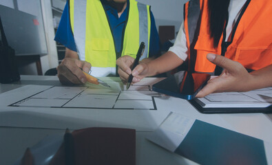 Closeup of team of industrial engineers meeting analyze machinery blueprints consult project on...