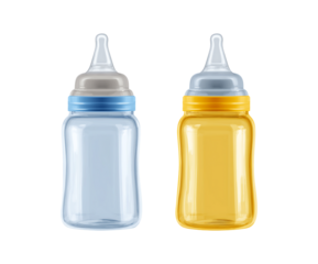 Two baby bottles, glass or transparent plastic with wide necks and long rubber painters isolated on a transparent background