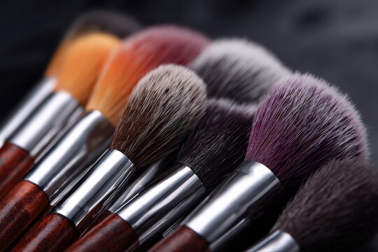 Luxury makeup brushes, close-up view.  Elegant, high-quality image for beauty, fashion, and cosmetic advertising. Ideal for websites, blogs, and social media.