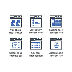 Video blog, User activity, Landing page, Add friend list, Calendar, Account login, icon