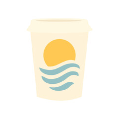 Disposable coffee cup with sun and sea wave symbol on light background, minimal summer beverage concept.