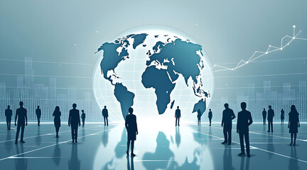 Diverse business professionals gather in a futuristic cityscape with a glowing world map and upward trending graph symbolizing global growth
