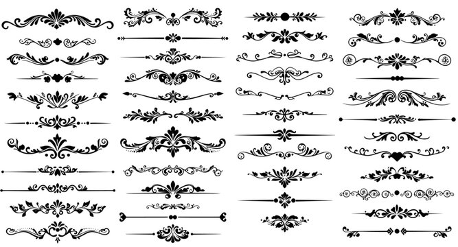 Elegant Black Floral  Swirl Page Dividers, Borders  Decorative Flourish Elements Collection