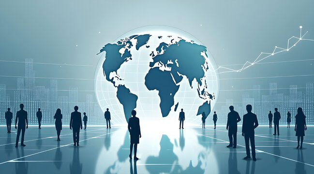 Diverse business professionals gather in a futuristic cityscape with a glowing world map and upward trending graph symbolizing global growth