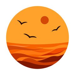 Minimal round icon with sunset over ocean, flying birds and stylized waves in warm orange color palette isolated on white background.