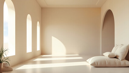 Sunlit Minimalist Interior with Arched Windows, Beige Walls, Floor Cushions, and Books &ndash; Calm Neutral Design Concept