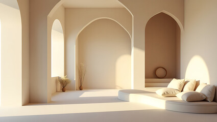 Sunlit Minimalist Interior with Arched Windows, Beige Walls, Floor Cushions, and Books – Calm Neutral Design Concept