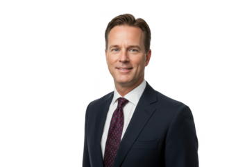 A confident caucasian businessman in a dark suit and tie smiles while looking at the camera, isolated on a transparent background