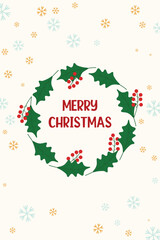 Elegant Christmas greeting card with a soft cream background, blue and golden snowflakes around the edges, a festive holly wreath in the center, and  "Merry Christmas" text inside.