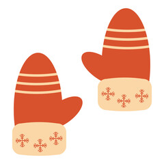 Vector illustration of cozy winter mittens with knitted patterns, warm and soft accessory for cold weather, perfect for Christmas, holiday cards, seasonal decor, and winter-themed designs.