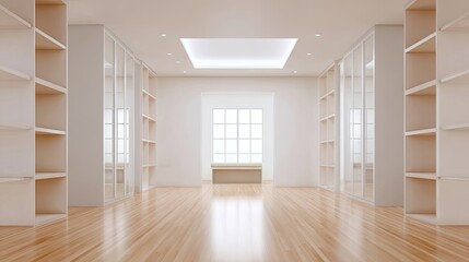 Obraz premium Bright and Spacious Interior with Empty Shelves and Large Window for Modern Home Design Inspiration