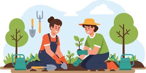Two people planting saplings in a garden, using gardening tools.