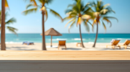 Wooden table overlooking blurred tropical beach paradise with palm trees and deck chairs