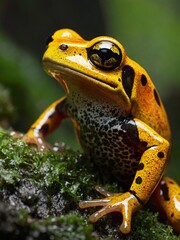 Golden Warning – Macro Shot of Vibrant Poison Dart Frog in Sunlight