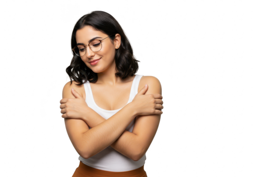 A young woman with short dark wavy hair and glasses hugs herself with a content smile, looking down, isolated on a transparent background