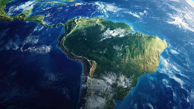 A captivating perspective of Earth from space, showcasing the Amazon rainforest and surrounding countries.
