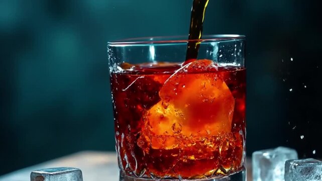 Pouring Refreshing Drink with Ice Cubes in Stylish Glass