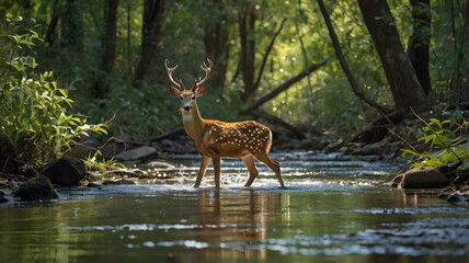 A young axis deer cautiously crosses a shallow stream winding through dense woodland