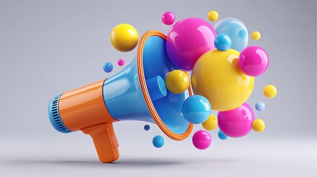 Colorful announcement with blue and orange megaphone surrounded by vibrant, floating spheres, ideal for advertising and social media campaigns.