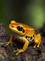 Golden Warning – Macro Shot of Vibrant Poison Dart Frog in Sunlight
