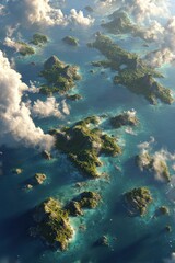 Fototapeta premium Aerial View of Tropical Islands with Lush Green Vegetation Surrounded by Clear Blue Water
