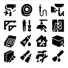 DIY Home Improvement Icons. Solid style icons of DIY home improvement: paint splatter roller, window sealing tape, electrical