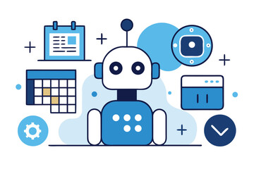 Illustrated robot concept surrounded by scheduling and planning icons perfect for technology and automation imagery
