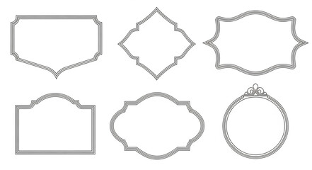 Set of six decorative frame designs featuring double, line in assorted, shapes on clean white background.