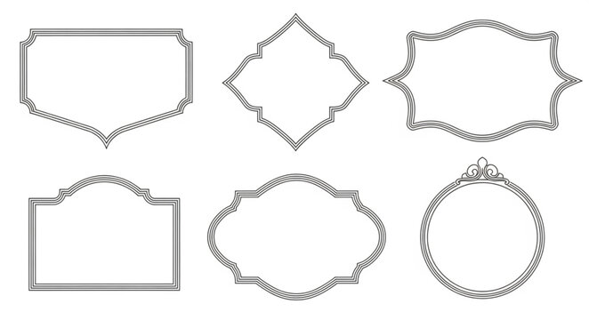 Set of six decorative frame designs featuring double, line in assorted, shapes on clean white background.