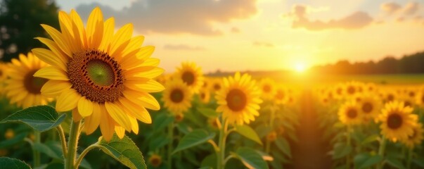 Obraz premium Golden sunflowers track the sun's arc, vibrant yellow petals reaching for light , nature, sunny, field