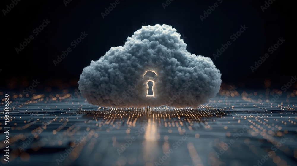Poster cloud computing security with padlock on red cloud hovering over a dark, reflective surface