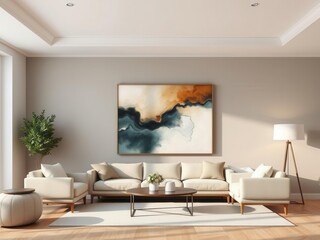 Living room wall art mockup featuring a modern abstract painting in a cozy home setting, modern, decor, abstract