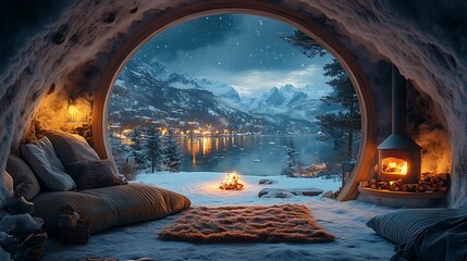 A cozy Lofi igloo interior with a fur rug, a small fire, and a view of the snowy landscape through the entrance under a starry night sky,