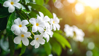 View of White Blossoming Flowers with Rain water droplets, rainy season concept