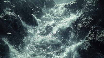 Turbulent water cascading through rocky canyons
