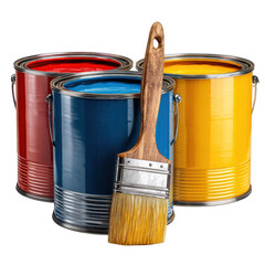 Three paint cans, red, blue, yellow, with paintbrush