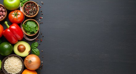 Colorful Arrangement of Fresh Vegetables and Fruits on a Dark Wooden Surface for Culinary Use