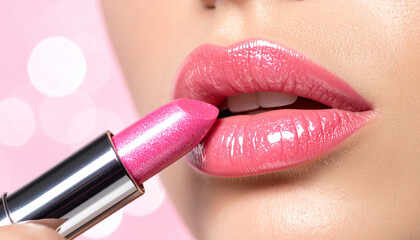 Obraz premium Lipstick: A model applies shiny pink lipstick for perfect looking lips.
