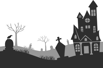 Halloween Castle with Graveyard and Tree Branches Illustration