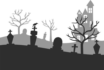 Halloween Castle with Graveyard and Tree Branches Illustration