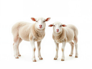 Obraz premium Two cute sheep standing together in a bright white setting isolated white background 