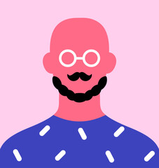 Bald hairless man with beard, moustache, in glasses. Faceless male avatar, head portrait in modern fashion style. Person in eyeglasses, user profile, trendy poster. Flat vector illustration