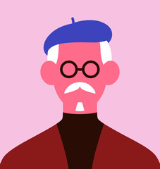 Senior man in French beret and glasses, head portrait. Gray-haired old male character with moustache, elegant outfit. Elderly person in eyeglasses, face avatar, poster. Flat vector illustration