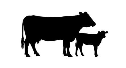Minimalist silhouette illustration of a cow calf standing closely, together, on plain white background.