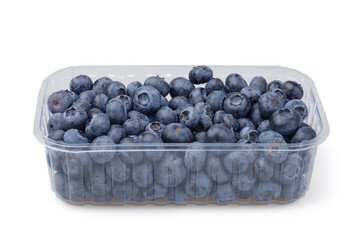 Blueberries in a plastic container isolated on white background.